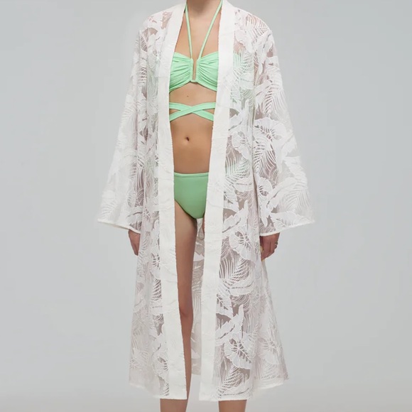 Self Portrait - White Tropical Leaf Embroidered Kaftan / Robe - Picture 3 of 9